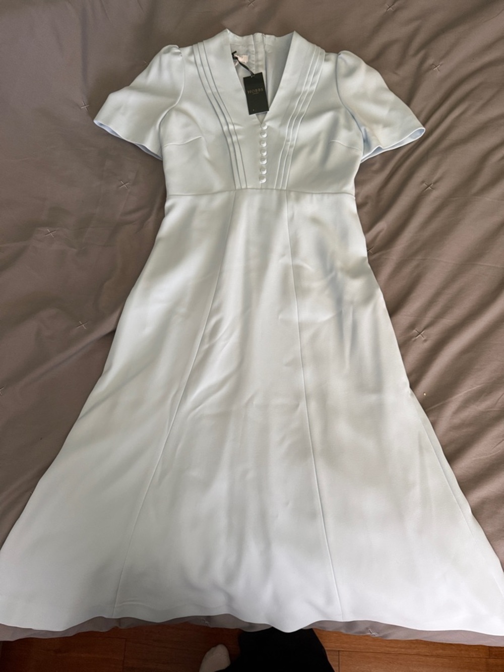 Pastel Blue Midi Dress with Puff Sleeves and Button Front